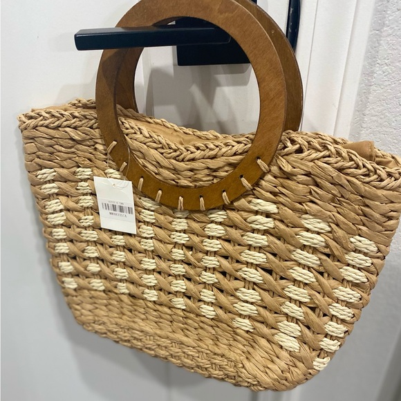 Boutique Tan & Cream Braided Woven Faux-Rattan Tote Clutch Handbag Wooden Handle - Picture 6 of 6